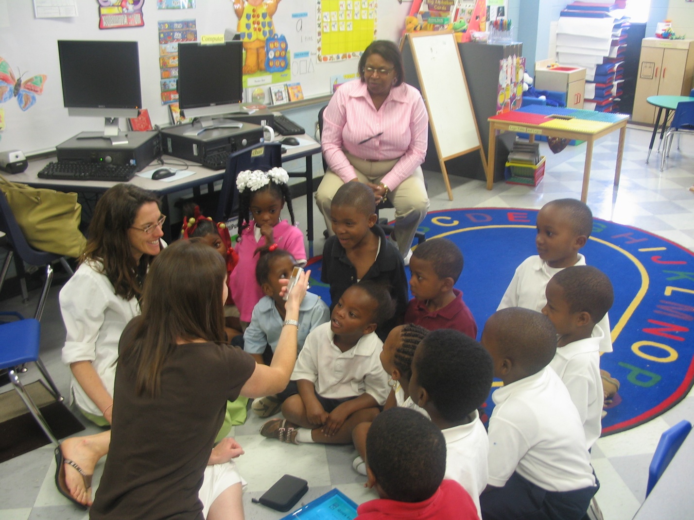 Lori Peek and Alice Fothergill interview a kindergarten class in New Orleans. (Photo credit: Jennifer Tobin-Gurley)
